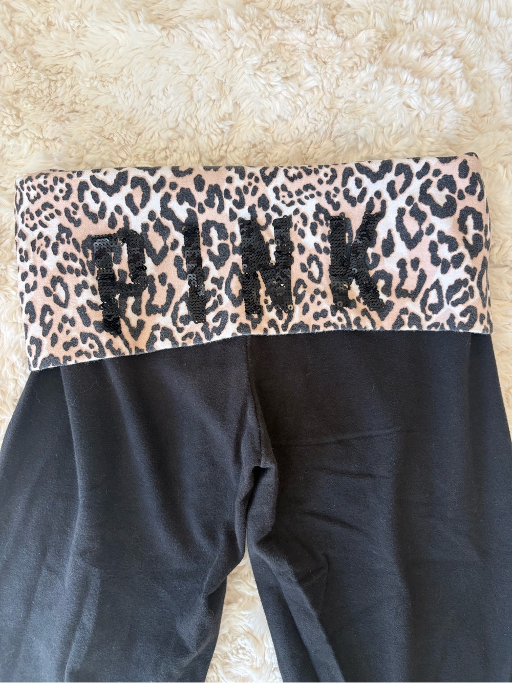 Vintage Y2K PINK Victoria's Secret Black Leggings Leopard Fold-Over Waistband - Picture 2 of 6